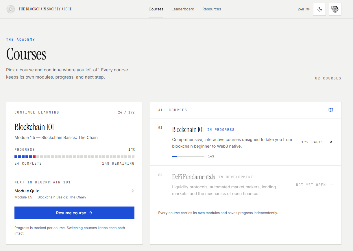Blocknauts Academy hub with course progress