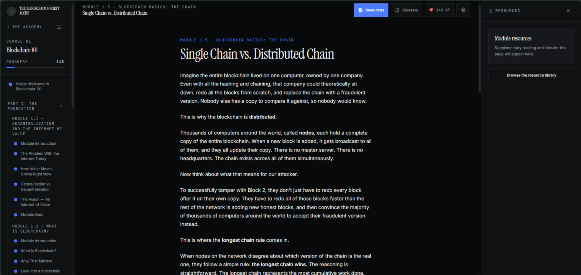 Blocknauts lesson reader with module index and content