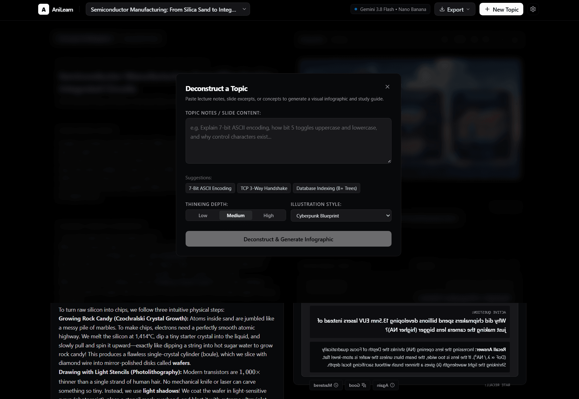 AniLearn Deconstruct a Topic modal with notes, suggestions, thinking depth and illustration style