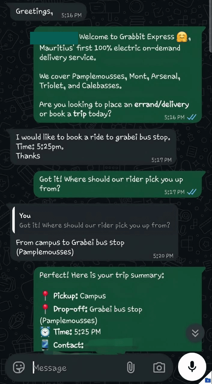 A Grabbit booking handled on WhatsApp, with the customer greeting redacted